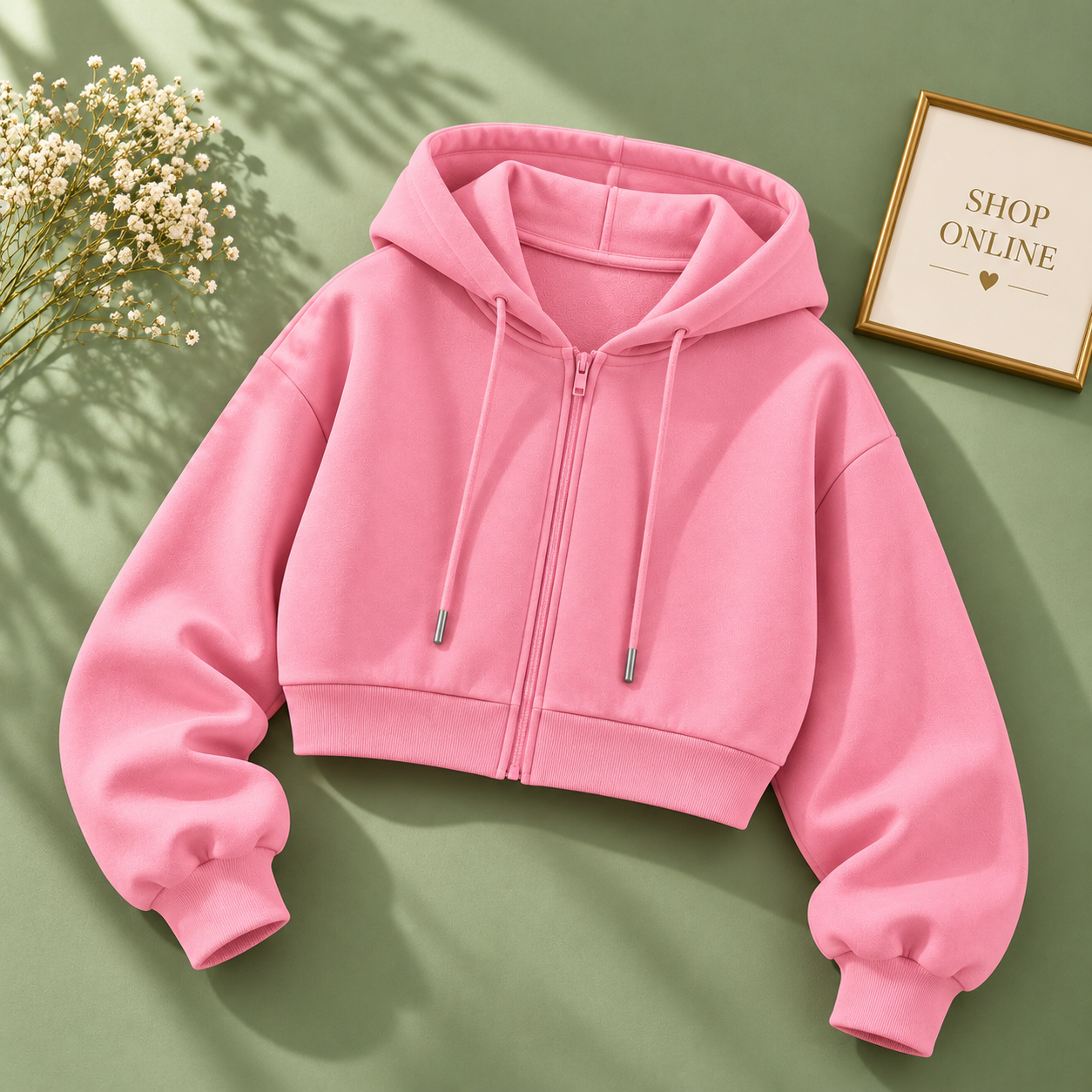 Basic Pink Zipper Crop Hoodie