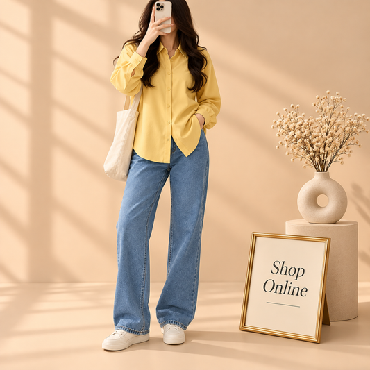 Yellow Button Down Shirt With Sky Blue Wide Leg Jeans
