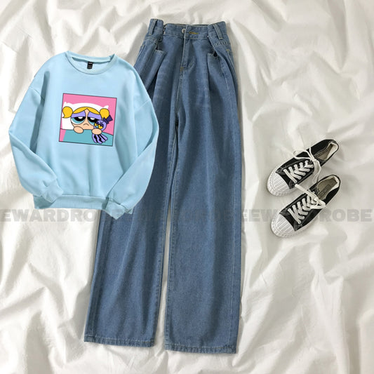 CRYING POWERPUFF SKY BLUE SWEATSHIRT WITH MID BLUE WIDE LEG JEANS