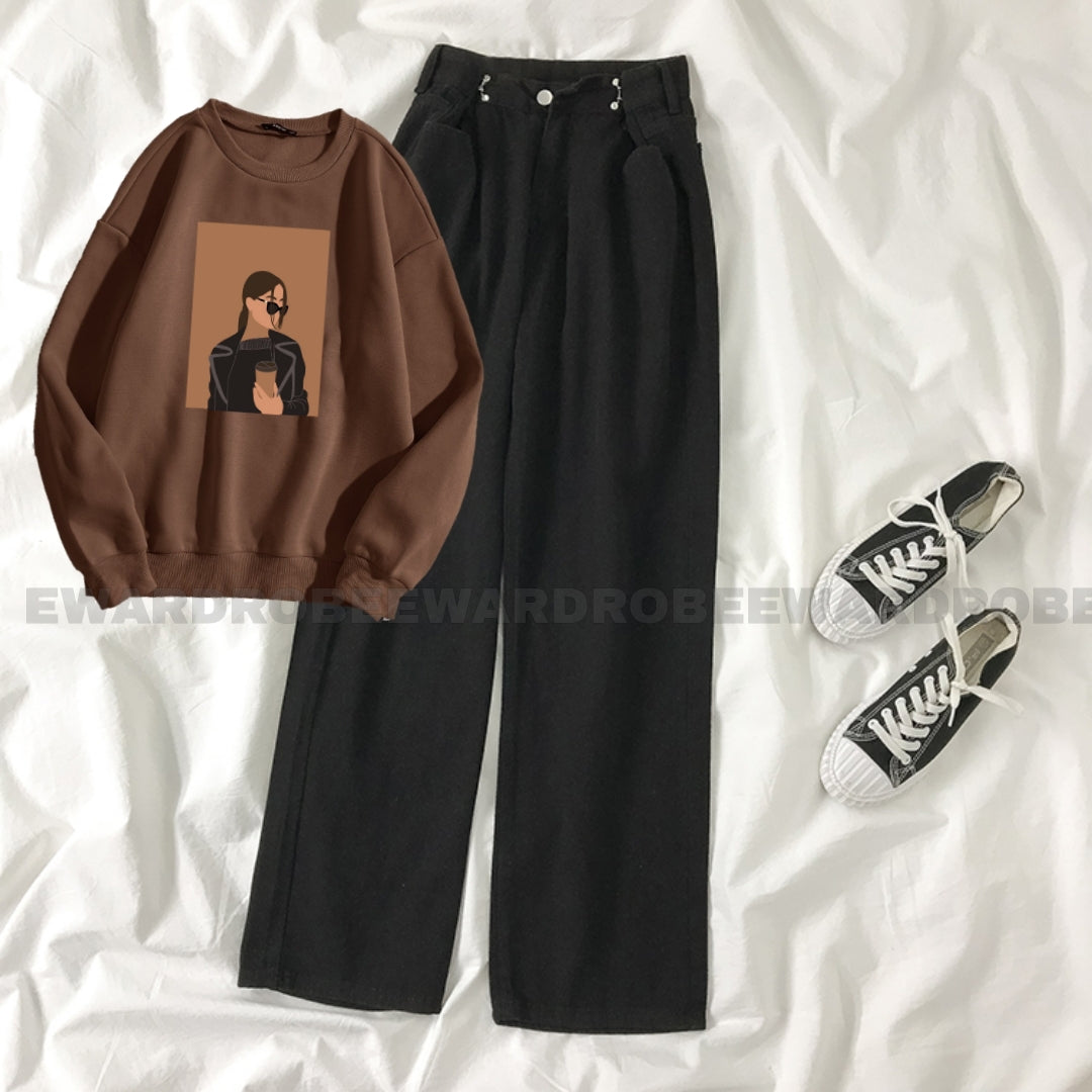 COFEE GIRL BROWN SWEATSHIRT WITH BLACK WIDE LEG JEANS