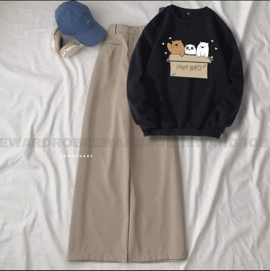 FREE BEAR BLACK SWEATSHIRT WITH BEIGE WIDE LEG JEANS