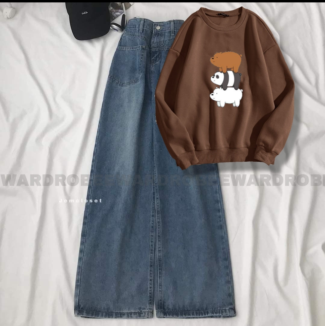 PANDA OVER PANDA BROWN SWEATSHIRT WITH MID BLUE WIDE LEG JEANS