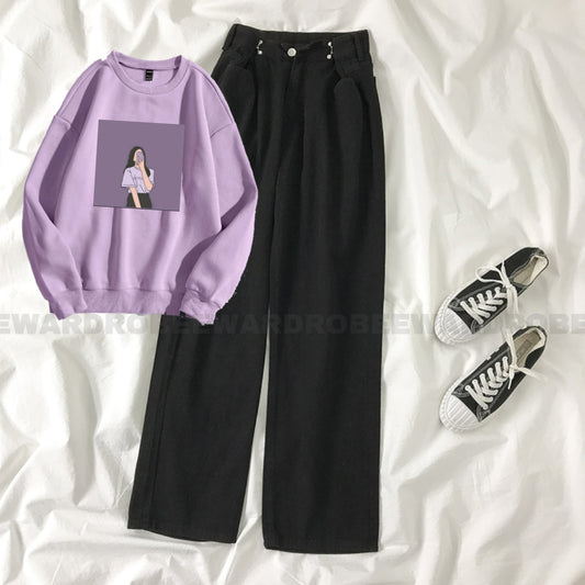 PURPLE BACKGROUND LILAC SWEATSHIRT WITH BLACK WIDE LEG