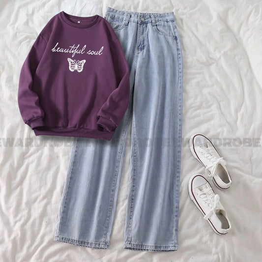 BEAUTIFUL SOUL BUTTERFLY PURPLE SWEATSHIRT WITH ICE BLUE WIDE LEG JEANS