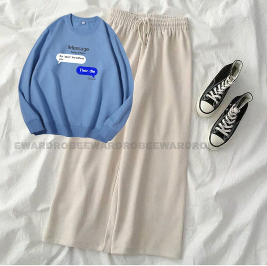 TEXT MSG SKY BLUE SWEATSHIRT WITH BEIGE FLAPPER