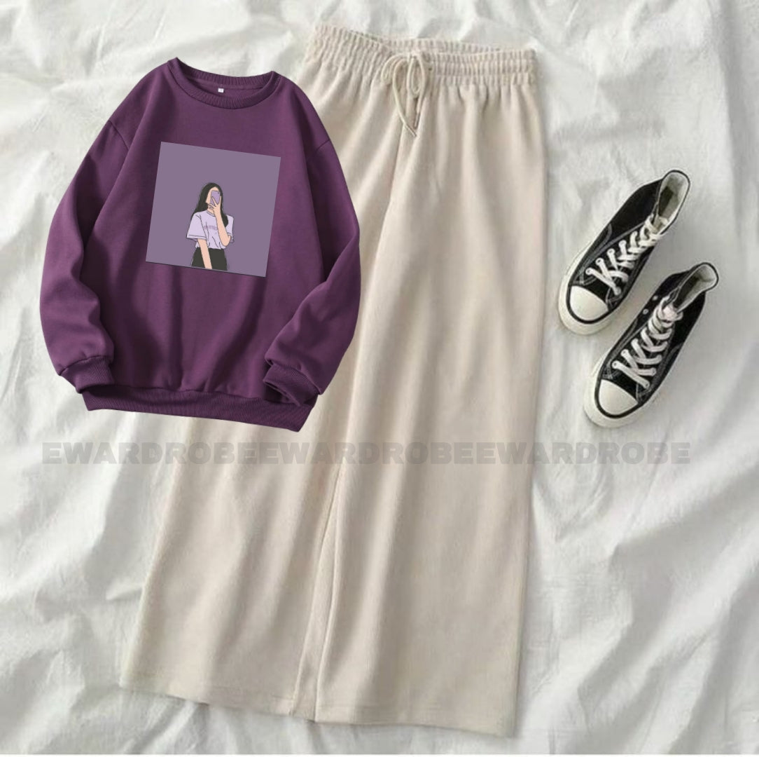 DARK PURPLE SWEATSHIRT PURPLE BACKGROUD WITH BEIGE FLAPPER