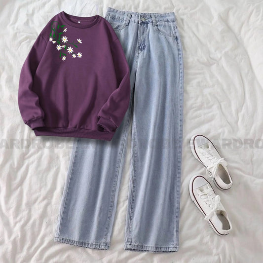 SHOULDER FLOWER NEW DARK PURPLE SWEATSHIRT WITH ICE BLUE WIDE LEG