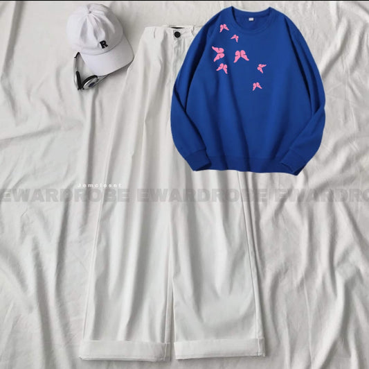 SHOULDER PINK BUTTERFLY ROYAL BLUE SWEATSHIRT WITH WHITE WIDE LEG JEANS