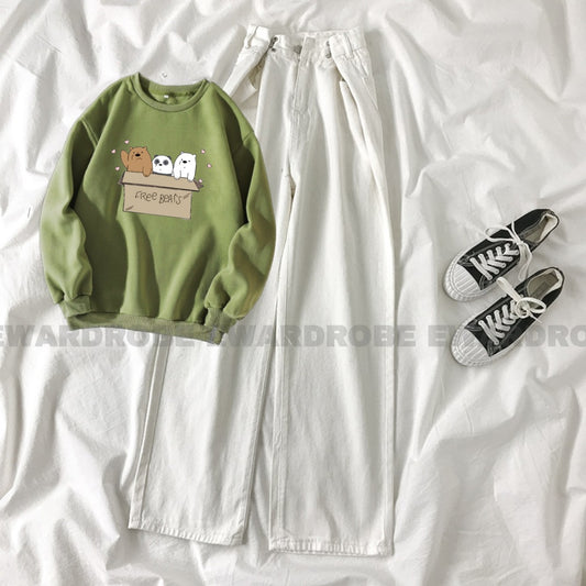 FREE BEAR OLIVE GREEN SWEATSHIRT WITH WHITE WIDE LEG JEANS