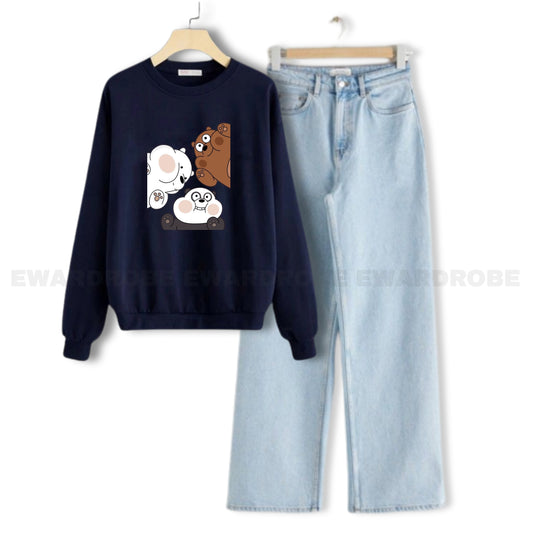 NAVY BLUE BOX BEAR SWEATSHIRT WITH ICE BLUE WIDE LEG JEANS