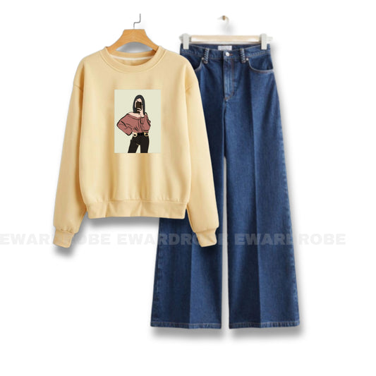 OFFSHOULDER GIRL BEIGE SWEATSHIRT WITH MID BLUE WIDE LEG JEANS