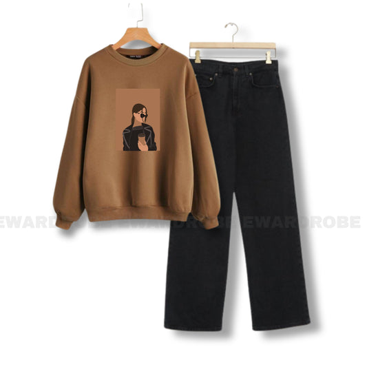 COFEE GIRL BROWN SWEATSHIRT WITH BLACK WIDE LEG JEANS