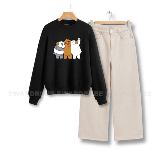 TOGETHER BEAR BLACK BLUE SWEATSHIRT WITH BEIGE WIDE LEG JEANS