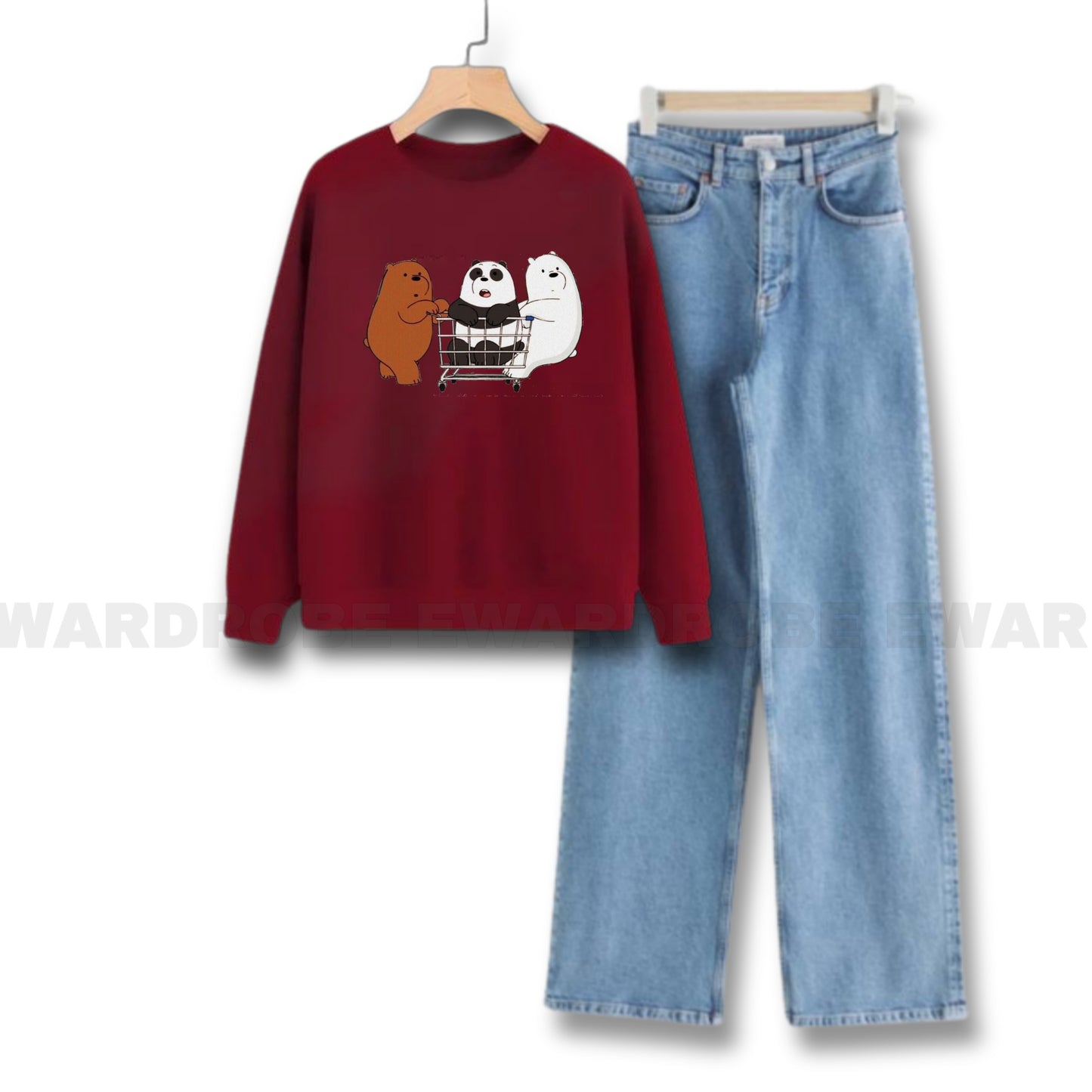 SHOPPING BEAR MAROON SWEATSHIRT WITH SKY BLUE WIDE LEG JEANS