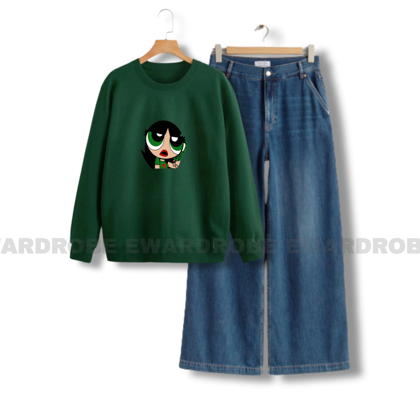 BOTTLE GREEN SWEATSHIRT GREEN BUTTERCUP WITH MID BLUE WIDE LEG