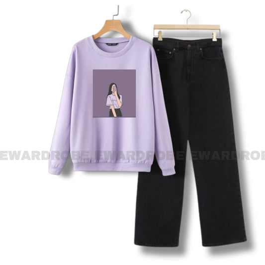 PURPLE BACKGROUND GIRL LILAC SWEATSHIRT WITH BLACK WIDE LEG