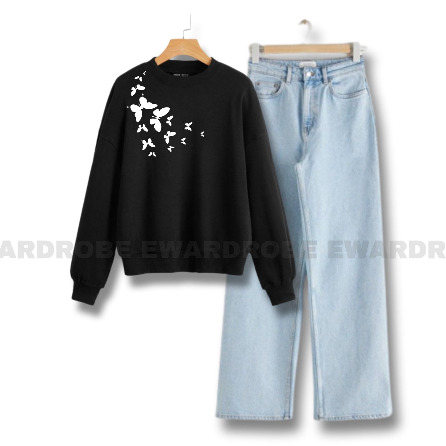 SHOULDER BUTTERFLY BLACK SWEATSHIRT WITH ICE BLUE WIDE LEG JEANS