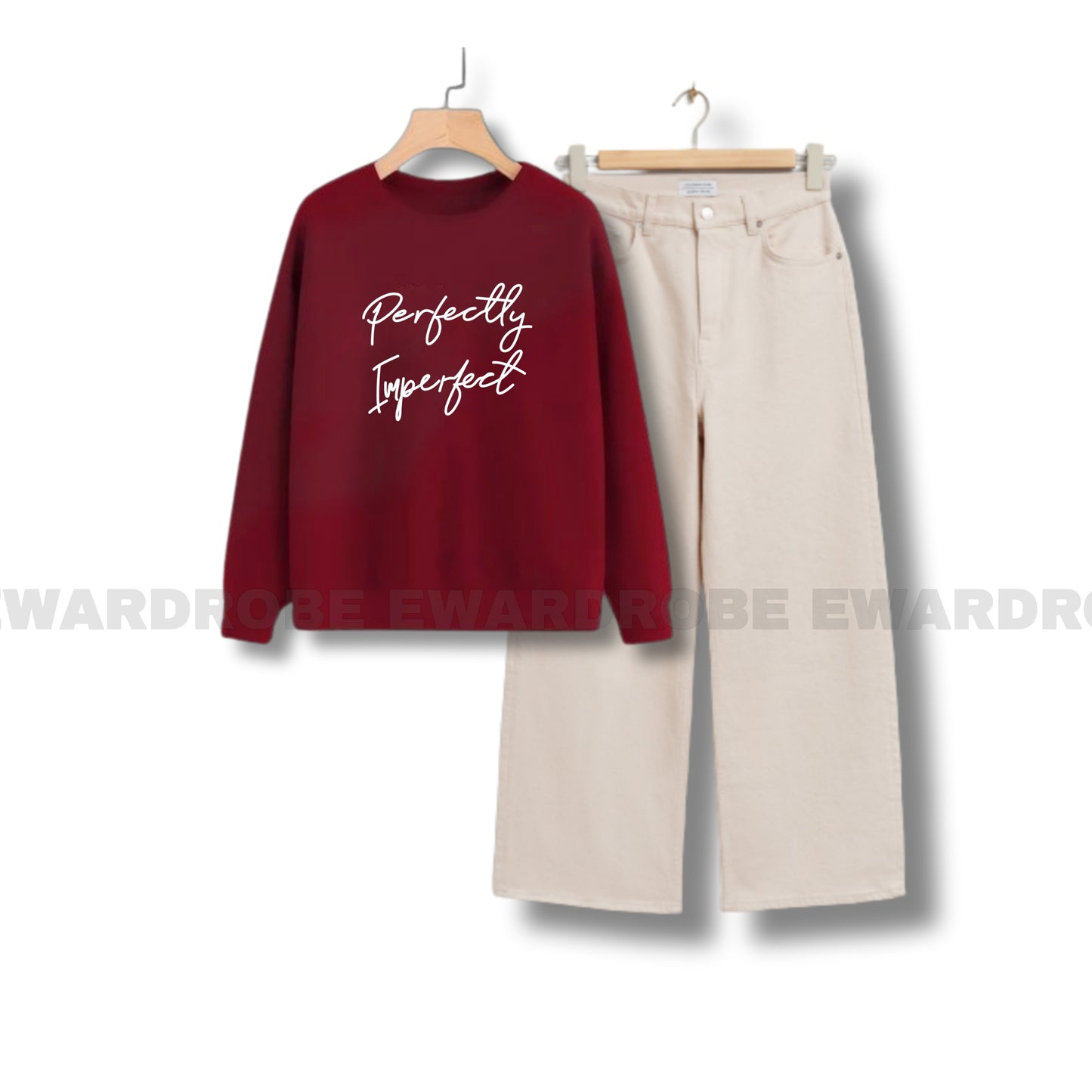 PERFECTLY IMPERFECT MAROON SWEATSHIRT WITH BEIGE WIDE LEG JEANS