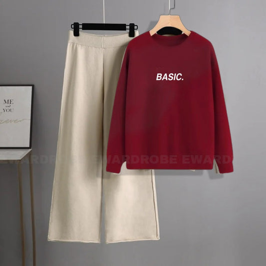 BASIC PRINT MAROON SWEATSHIRT WITH BEIGE FLAPPER