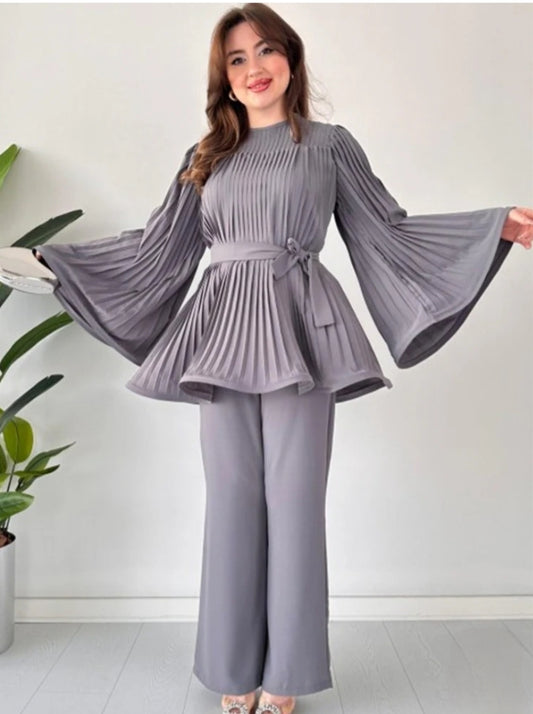 GREY PLEATED FROCK CO ORD SET