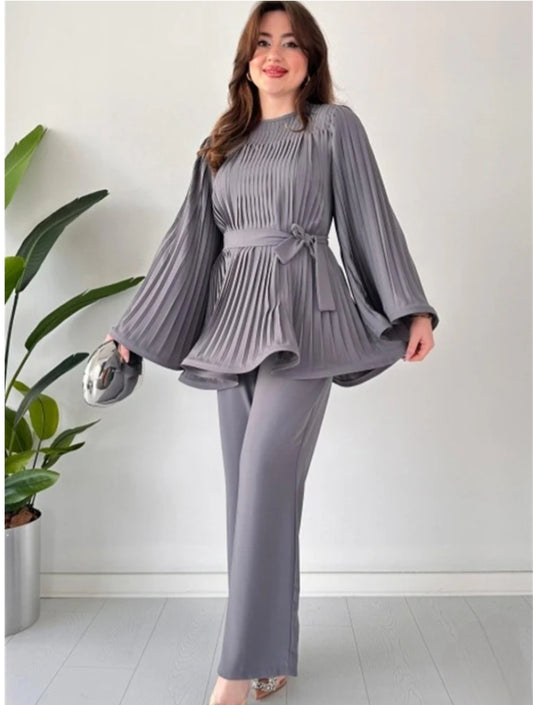 GREY PLEATED FROCK CO ORD SET