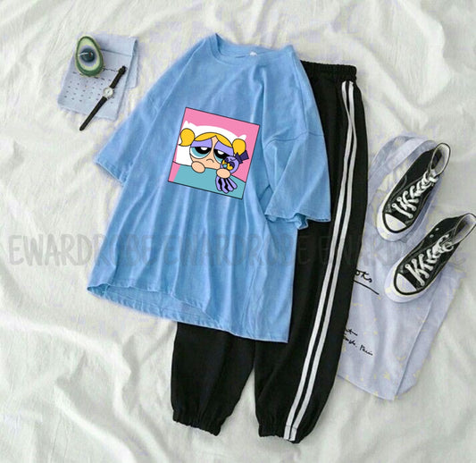 SKY BLUE TSHIRT CRYING POWERPUFF WITH 3 STRIPES TROUSER
