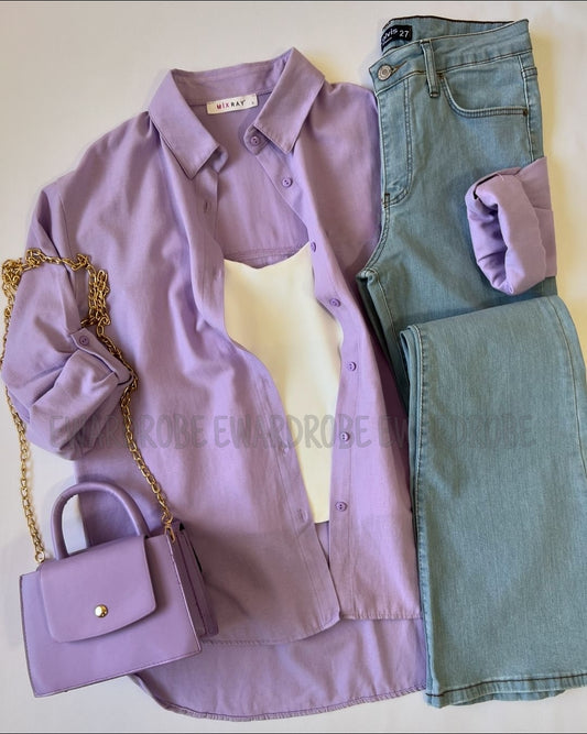 LILAC BUTTON DOWN SHIRT WITH INNER AND ICE BLUE WIDE LEG JEANS