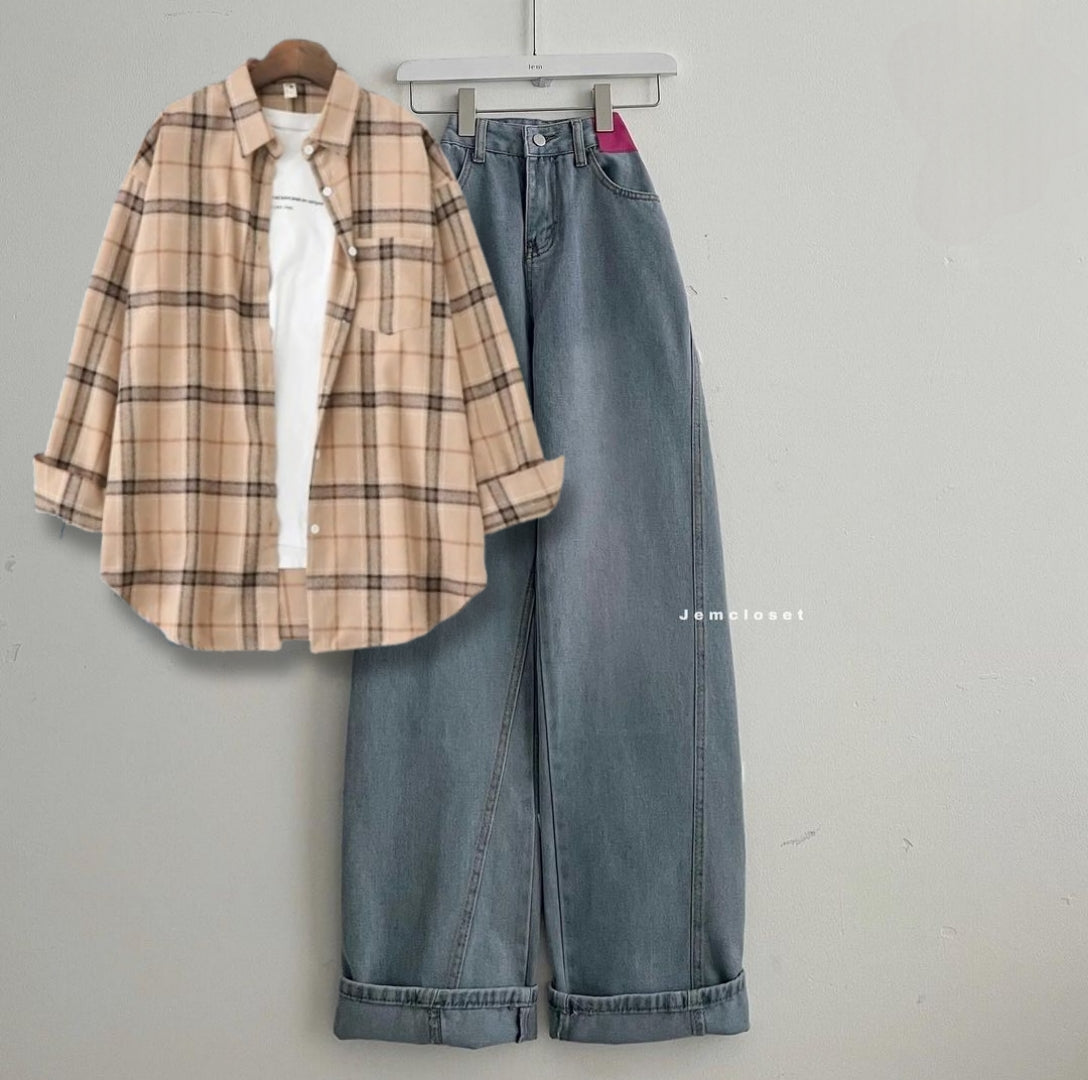 BIEGE CHECK SHIRT WITH INNER AND SKY BLUE WIDE LEG JEANS