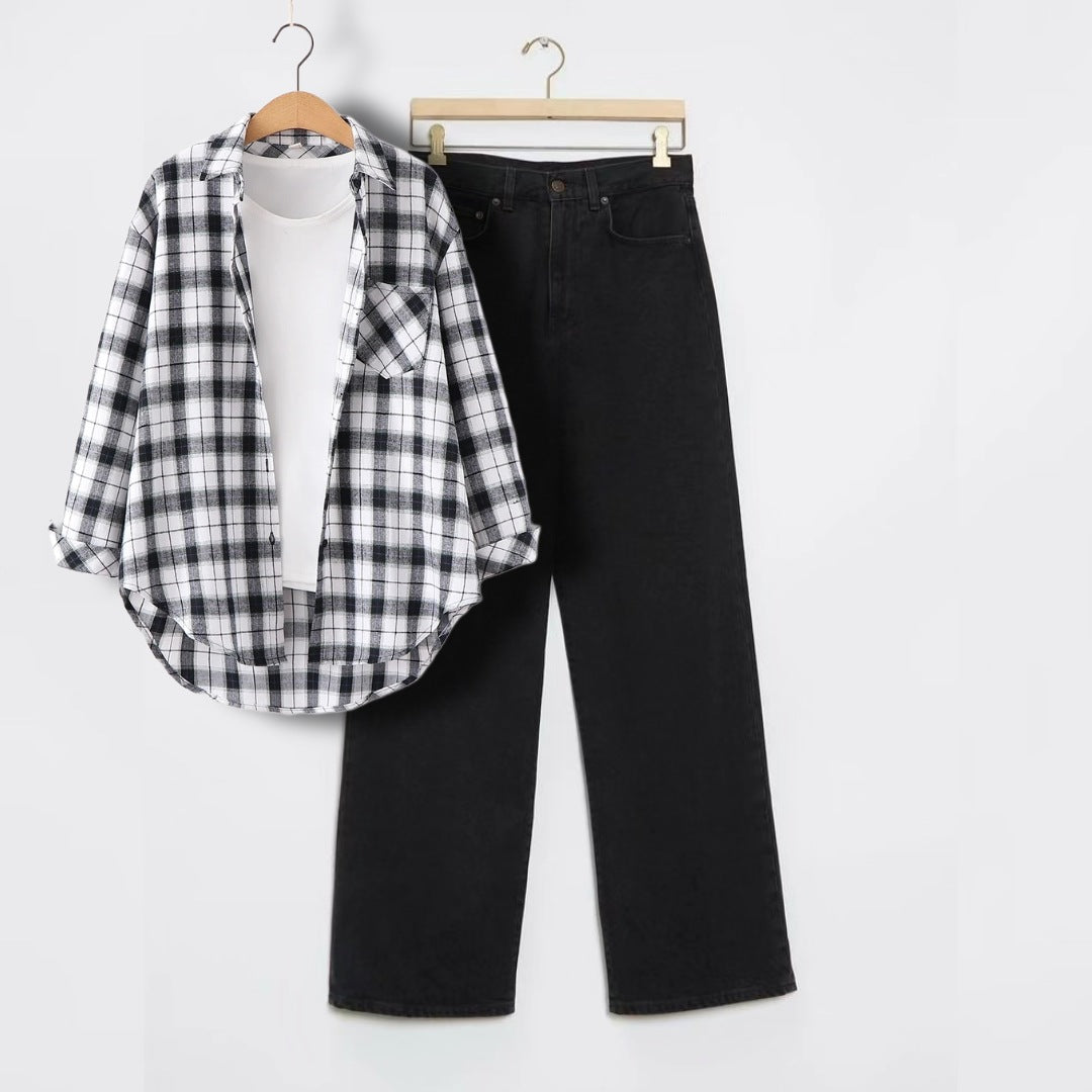 CHECK SHIRT WITH INNER AND BLACK WIDE LEG JEANS