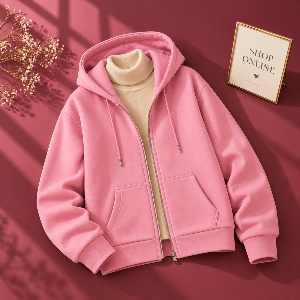 Basic Pink Zipper Hoodie With Beige Highneck