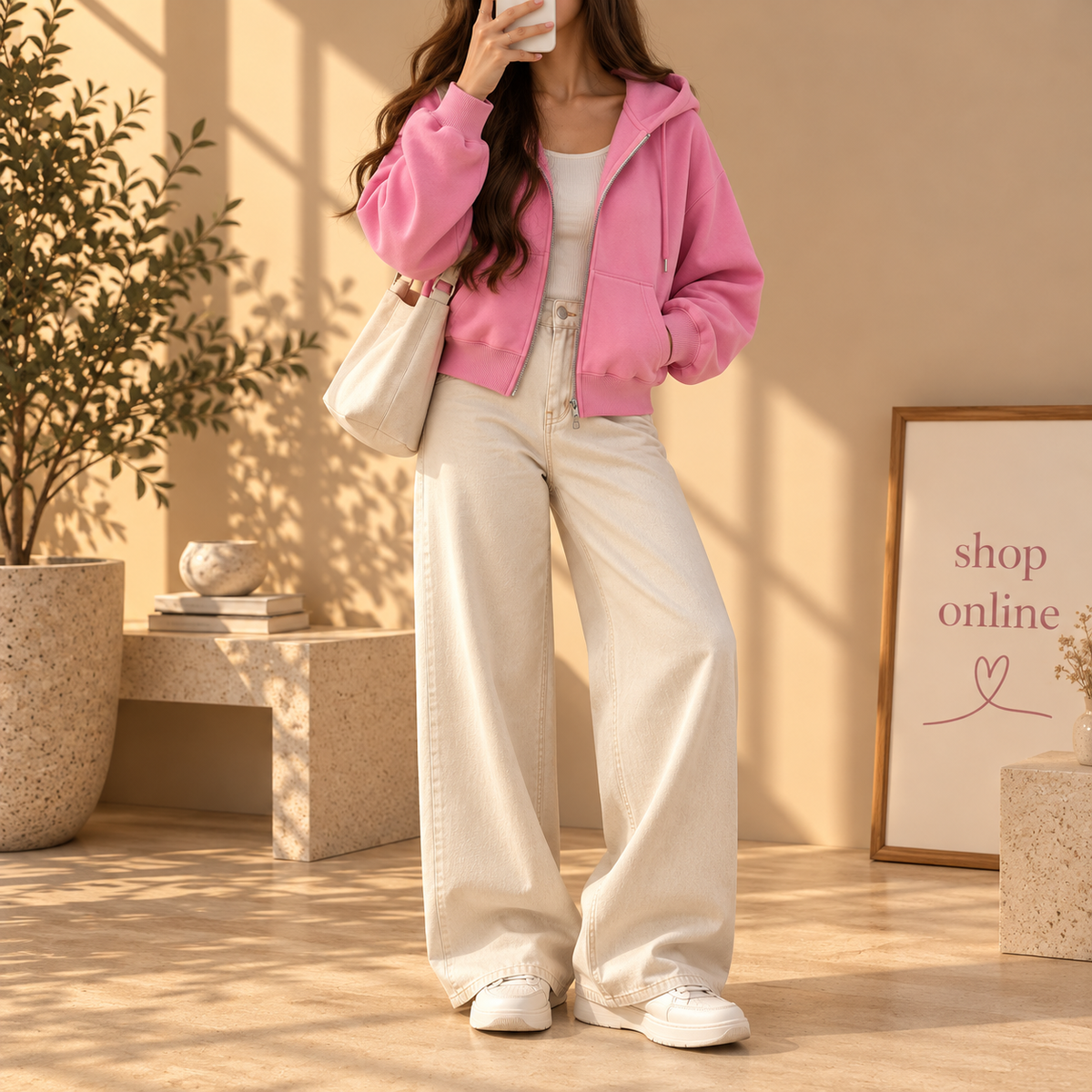 Basic Pink Zipper Hoodie With Beige Wide Leg Jeans