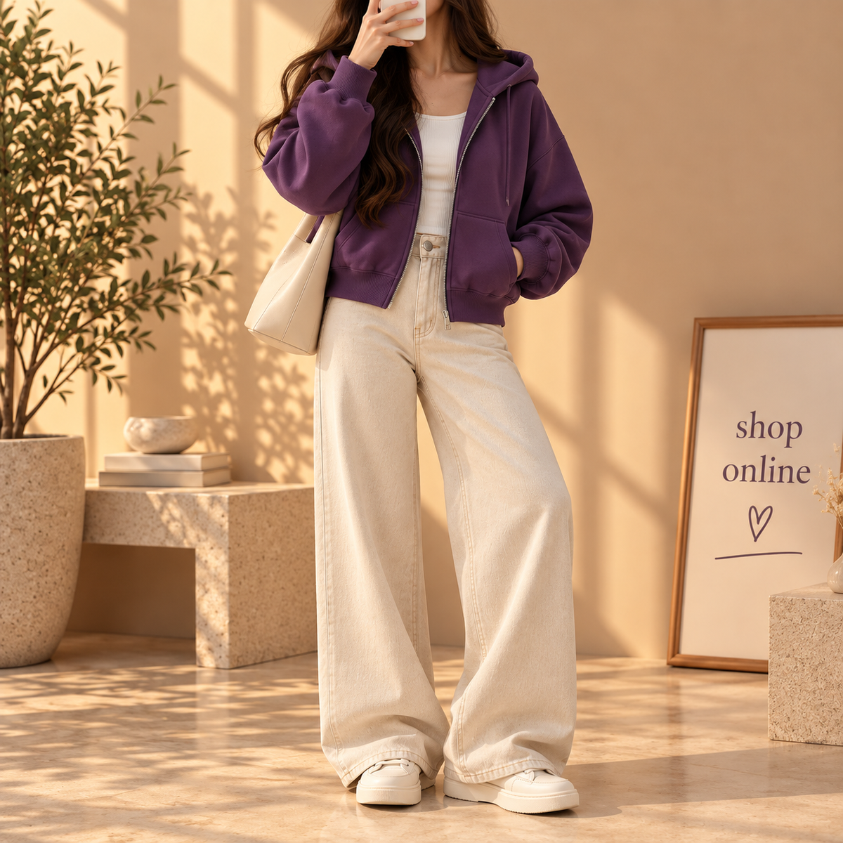 Basic Purple Zipper Hoodie With Beige Wide Leg Jeans