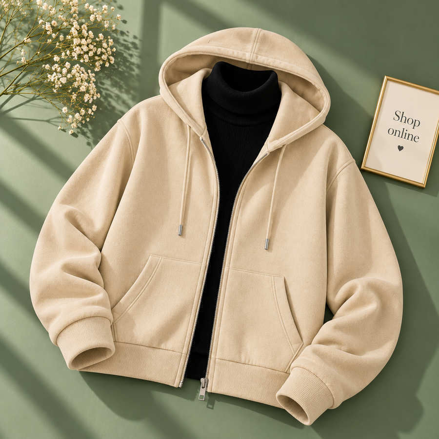 Basic Beige Zipper Hoodie With Black Highneck