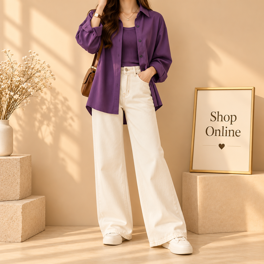 Purple Button Down Shirt With White Wide Leg Jeans