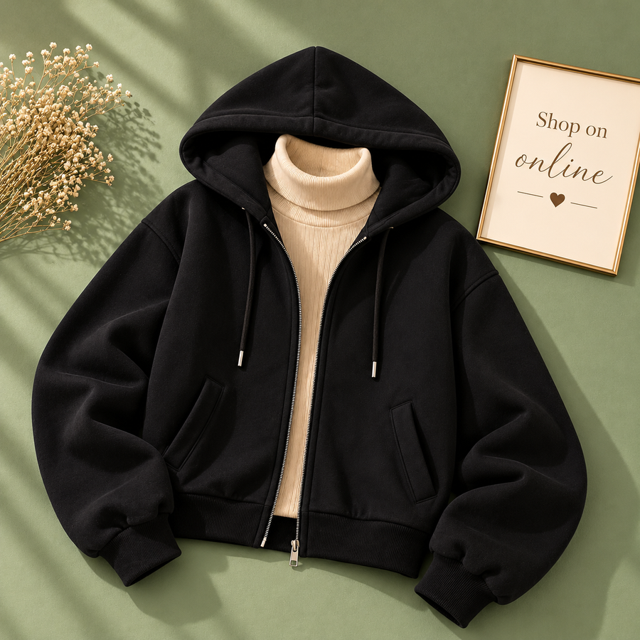 Basic Black Zipper Hoodie With Beige Highneck