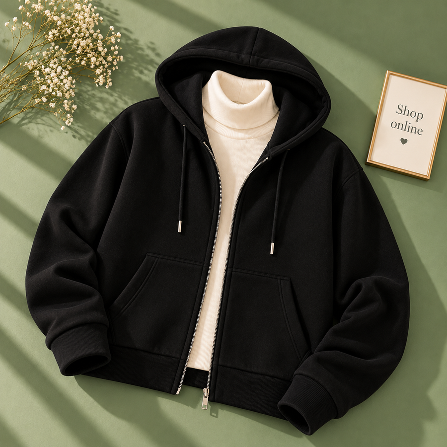 Basic Black Zipper Hoodie With White Highneck