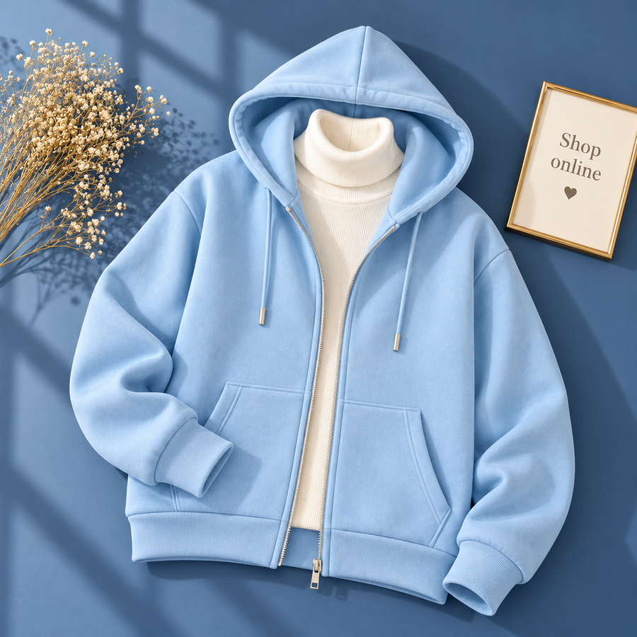 Basic Sky blue Zipper Hoodie With White Highneck