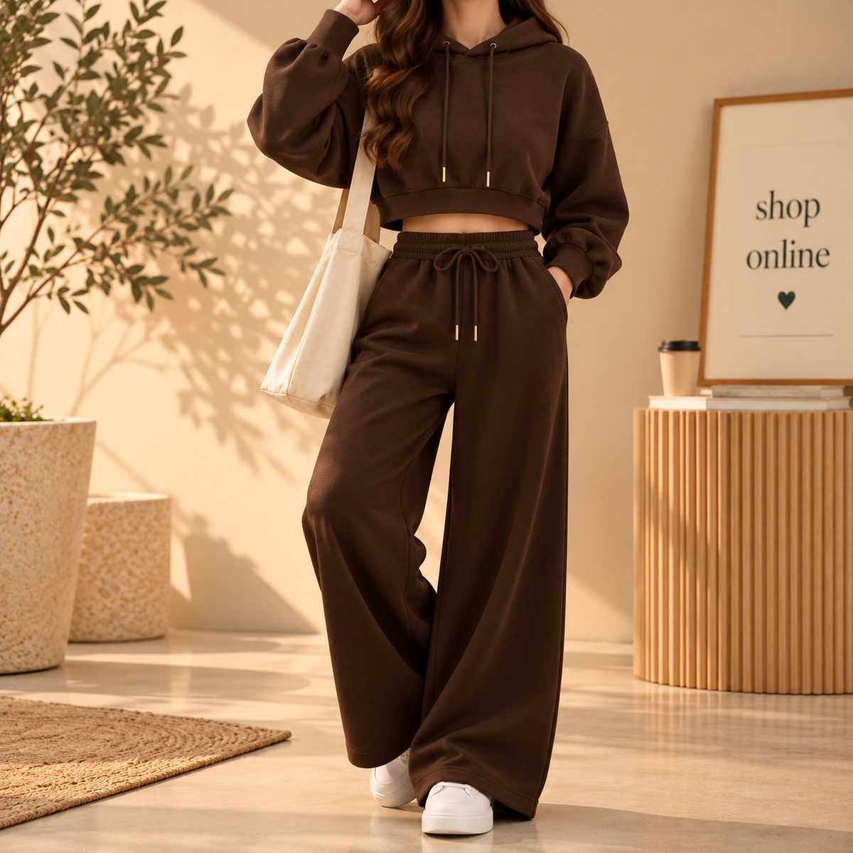 Basic Dark Brown Crop Hoodie With Brown Flapper