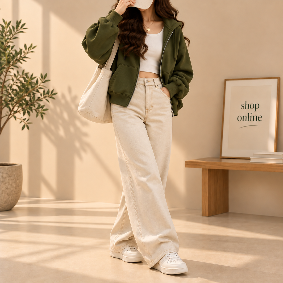 Basic Olive Green Zipper Hoodie With Beige Wide Leg Jeans