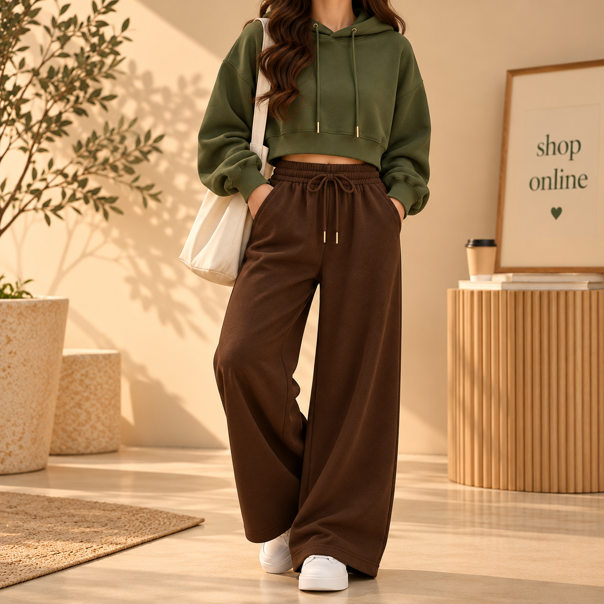 Basic Olive Green Crop Hoodie With Brown Flapper