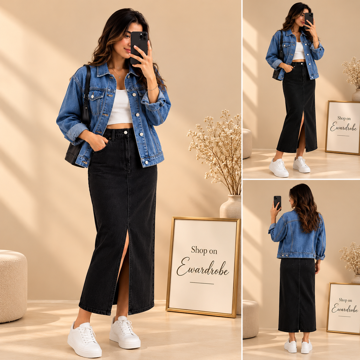 Dark Blue Denim Jacket with Black Denim skirt