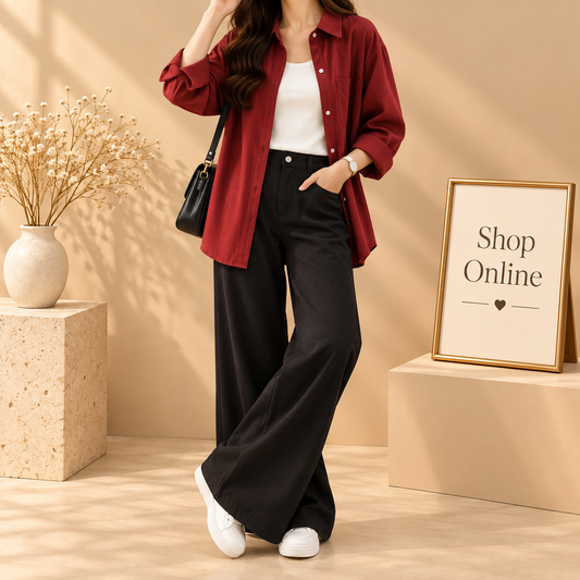 Maroon Button Down Shirt With White Inner Tee and Black Wide Leg Jeans