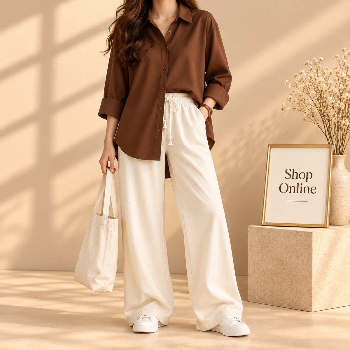 Brown Button Down Shirt with Beige Flapper