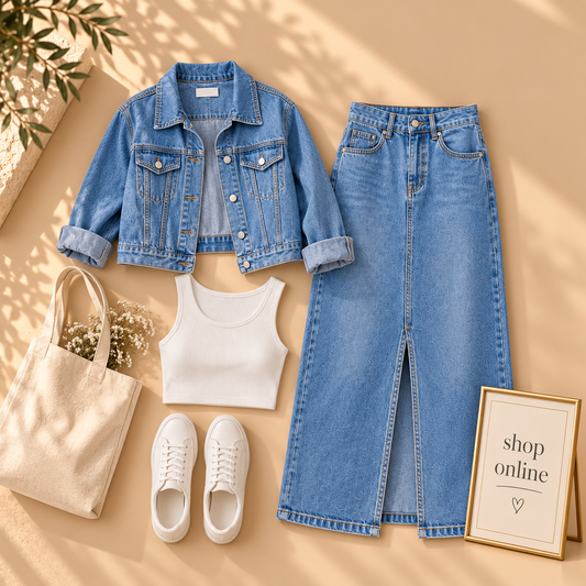 Mid Blue Denim Jacket with Mid Blue denim skirt