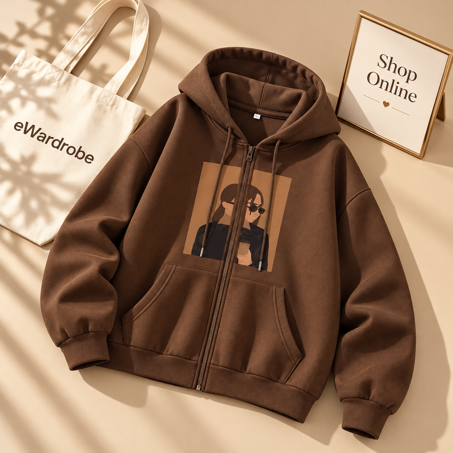 Brown Zipper Hoodie Coffee Girl