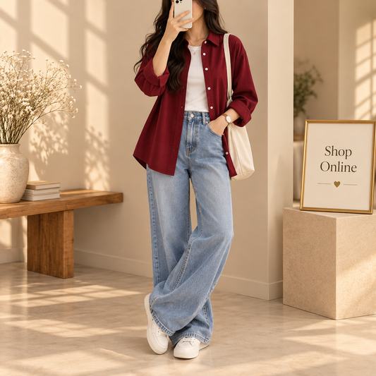 Maroon Button Down Shirt with White Tanktop And Ice Blue Wide Leg Jeans