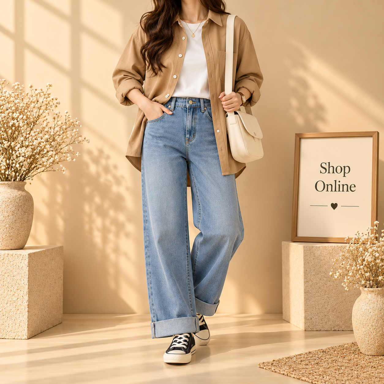 Beige Button Down Shirt With White Inner Tee And Ice Blue Wide Leg Jeans