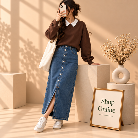 Basic Brown Collar Sweatshirt With Dark Blue Denim Skirt