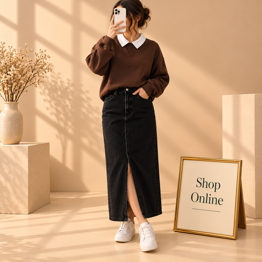 Basic Brown Collar Sweatshirt With Black Denim Skirt