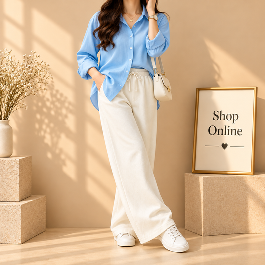 Sky Blue Button Down Shirt With Beige Flapper